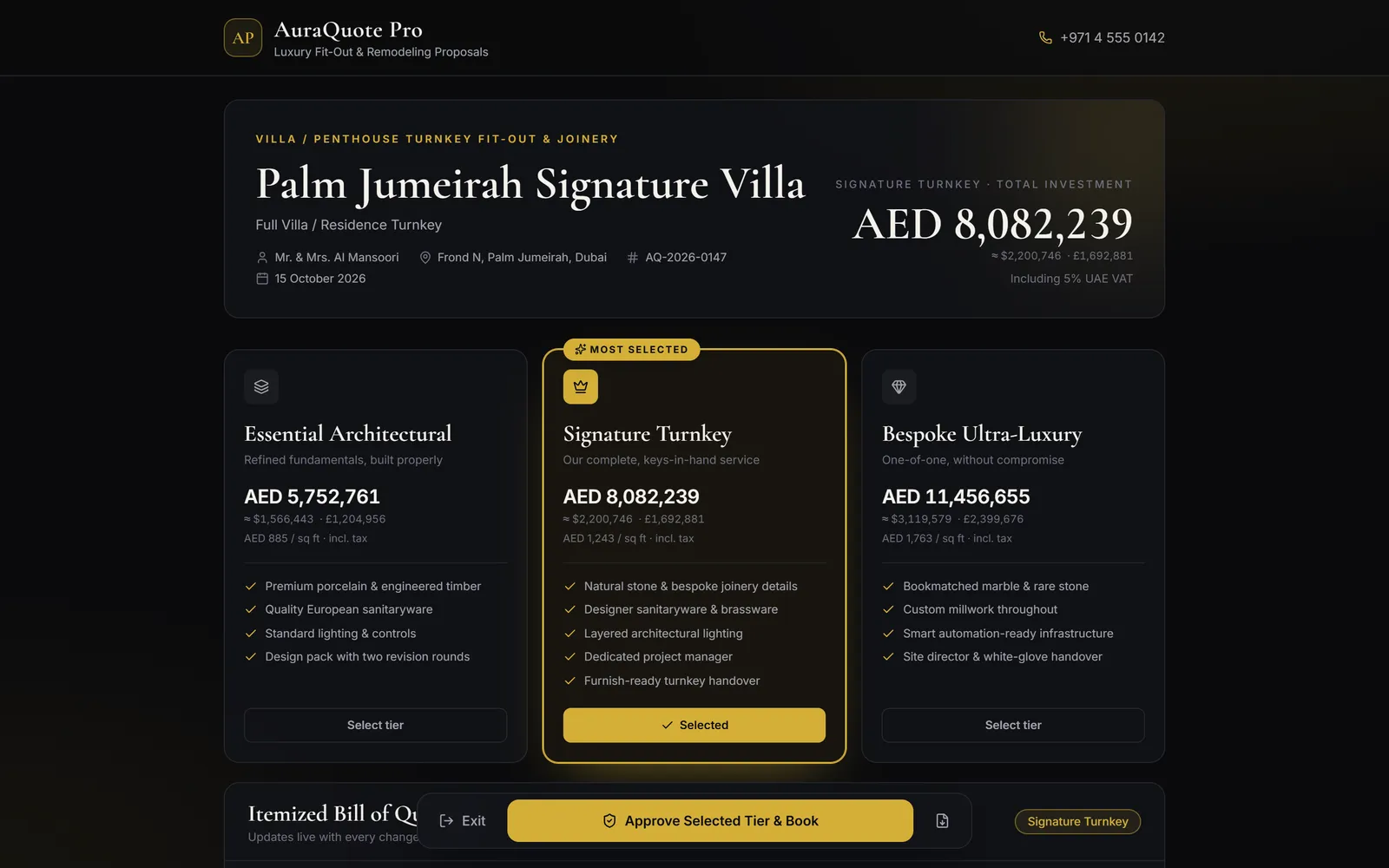 Client Presentation Mode showing the proposal to the client without internal settings